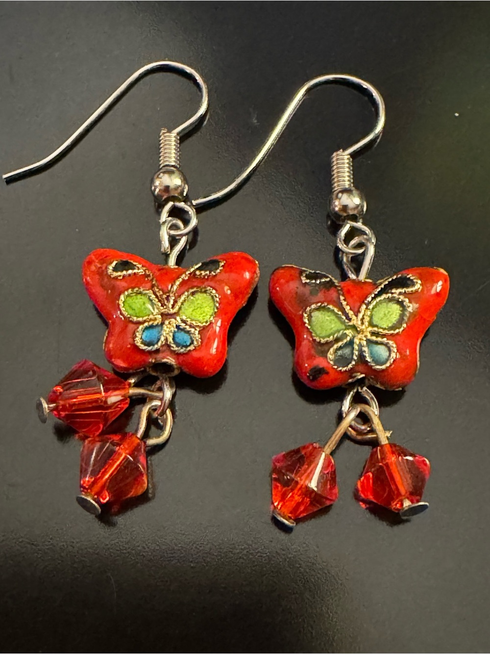 Red Cloisonné Butterfly Dangle Earrings